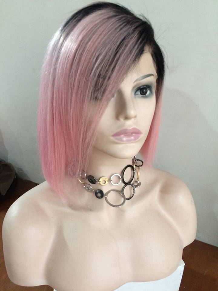 Brazilian Premium Lace Front Wig pink color wigs bob style