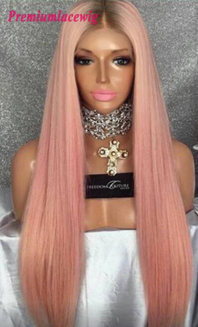 Buy Brazilian lace front wig pink color straight human hair wig 24inch