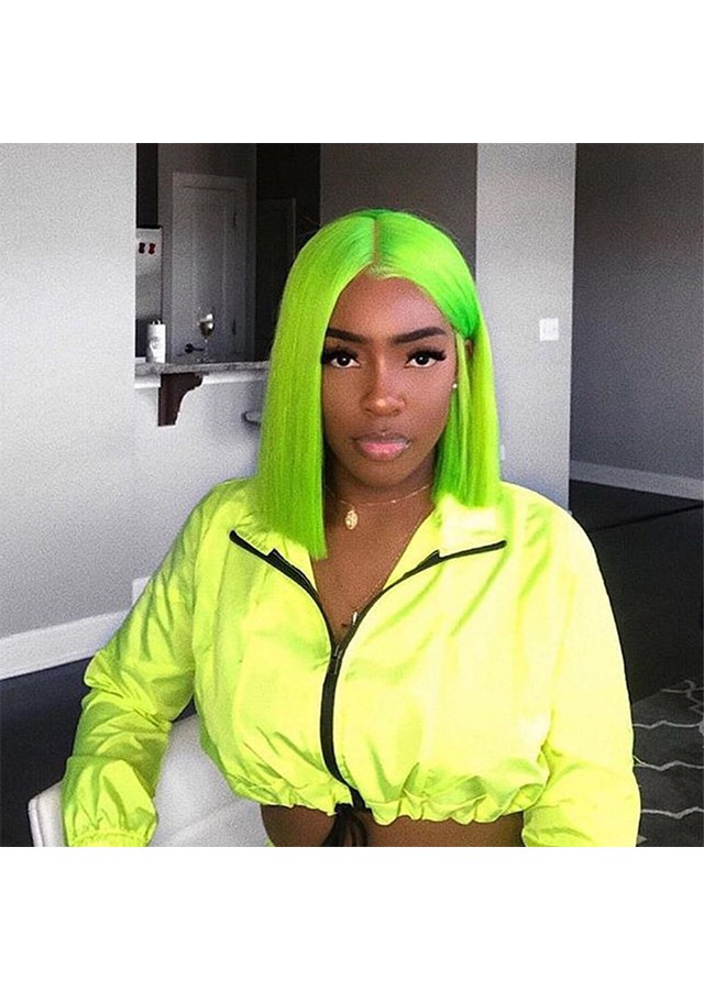 Lime Green Short Bob Wig Colorful Lace Front Human Hair Wig Transparent Lace