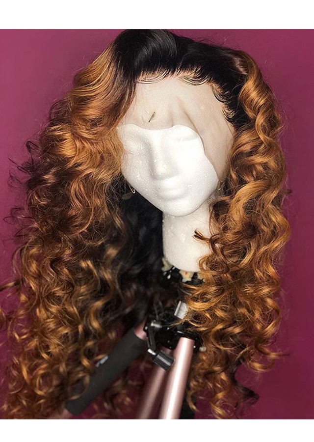 Honey Blonde Lace Front Wigs Loose Curly Ombre Wig 22inch 180% Density Lace Front Wig