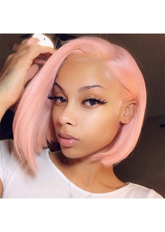 Light Pink Short Bob Wig Colorful Lace Front Human Hair Wig 