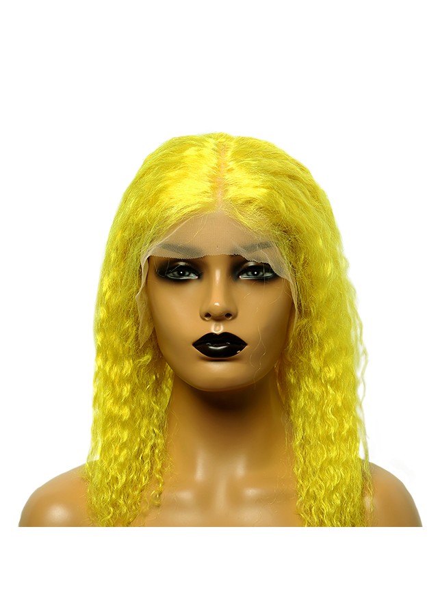 Yellow Curly Lace Short Bob Curly Wig 13x4 Transparent Lace Front Human Hair Wig 10inch