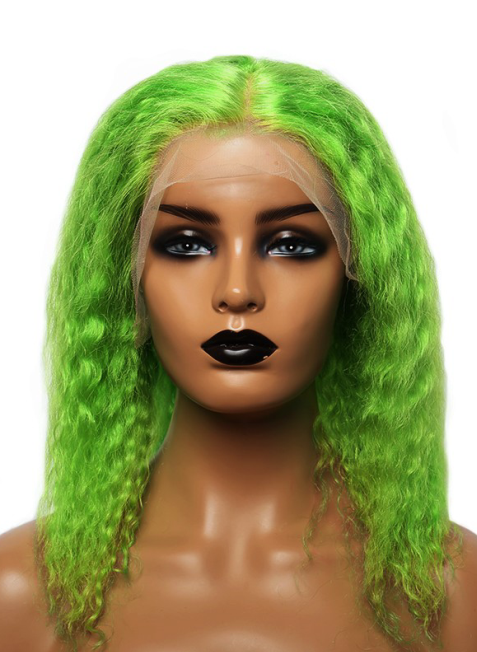 Green Lace Front Human Hair Wig 13x4 10inch Short Bob Curly Wig