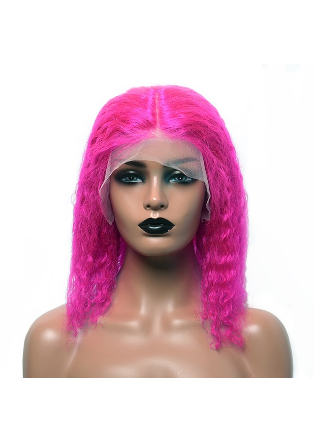 Pink Lace Front Human Hair Wig 13x4 Transparent Lace Short Bob Curly Wig
