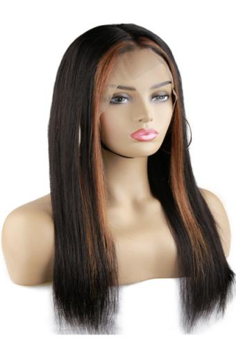 Brown Highlight Lace Front Human Hair Wigs Straight 18inch