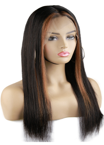 Brown Highlight Lace Front Human Hair Wigs Straight 18inch