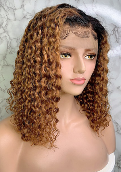 16inch 1B 30 Curly Brazilian Remy Hair Lace Wig Ombre Color Lace Front Human Hair Wigs 150% Density