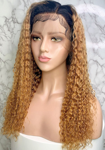 Ombre Color Blonde Jeri Curl Lace Front Human Hair Wig With Baby Hair T1B/27 150% Density 20inch