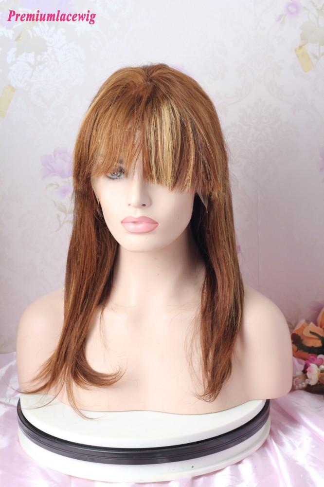 16inch Color 4 Highlight 27 Straight Full Lace Human Hair Wig With Bang