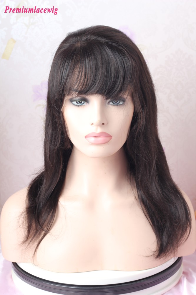 Clearance sale 14inch Natural Color Yaki Straight Glueless Full Lace Wig With Bang