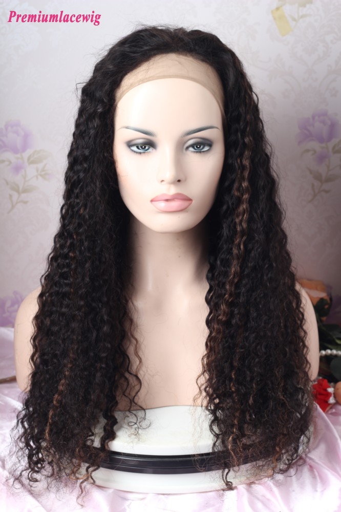 Glueless Full Lace 24inch Curly 1B With Highlight 30 Human Hair Wig 200 Density