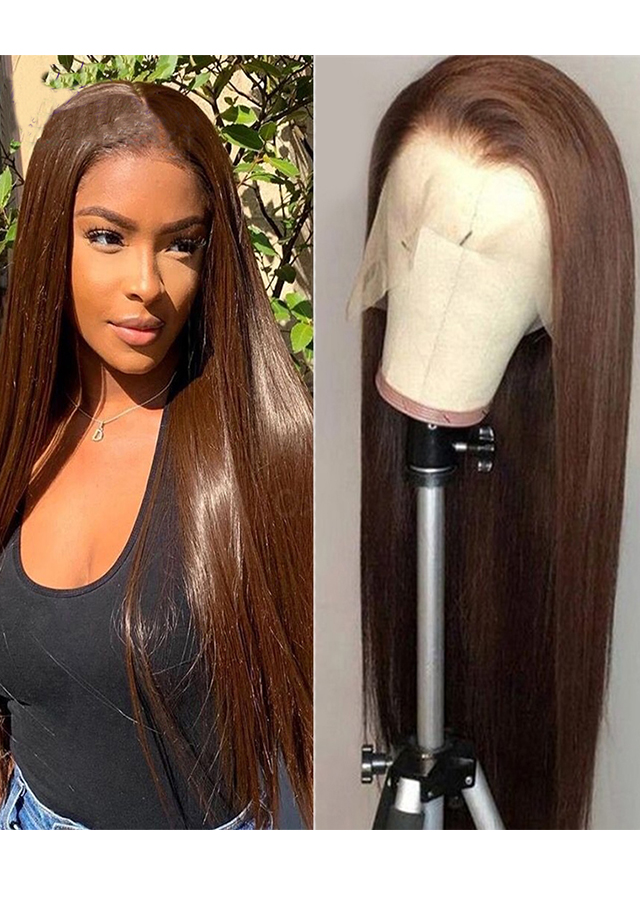 Color 4 Malaysian Light Yaki Straight Human Hair Wig Full Lace Wig