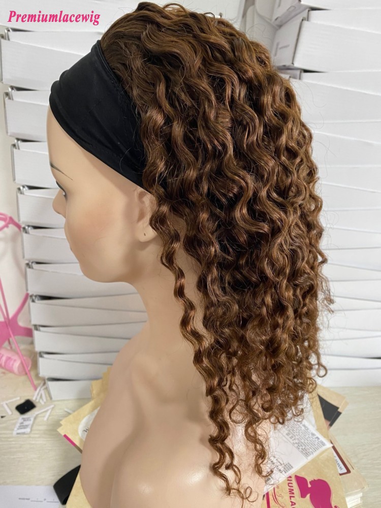HeadBand Human Hair Wigs Brazilian Deep Curly 16inch Machine Made Wigs Color 4