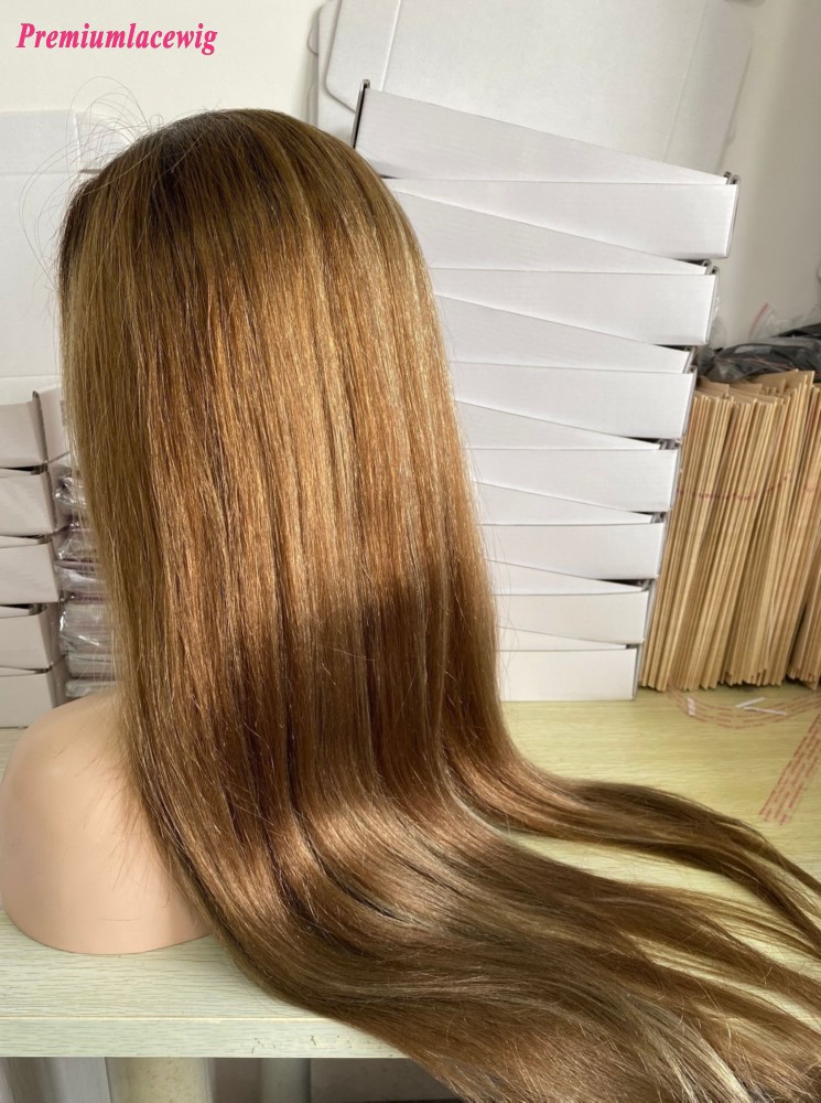 24inch Yaki Straight 180% Density Ombre Full Lace Wig Root color 2 with color 4 highlite 27 blonde human hair wig  