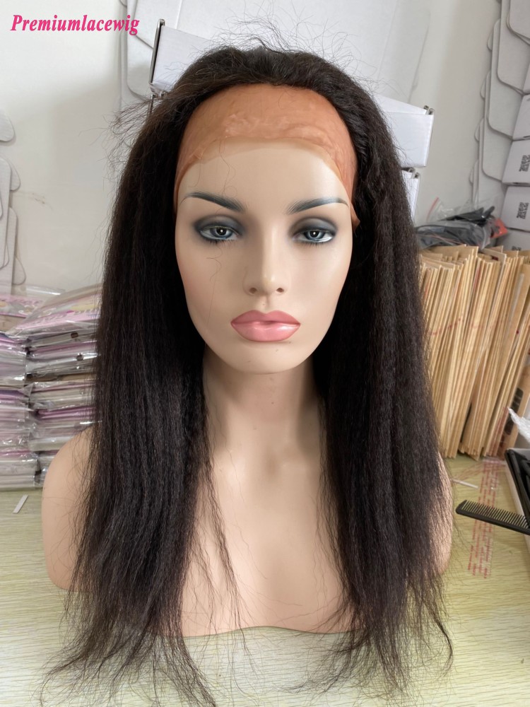 PU Wig Full Hand Tied Kinky Straight Virgin Human Hair Wig Natural Hair Color 18inch 