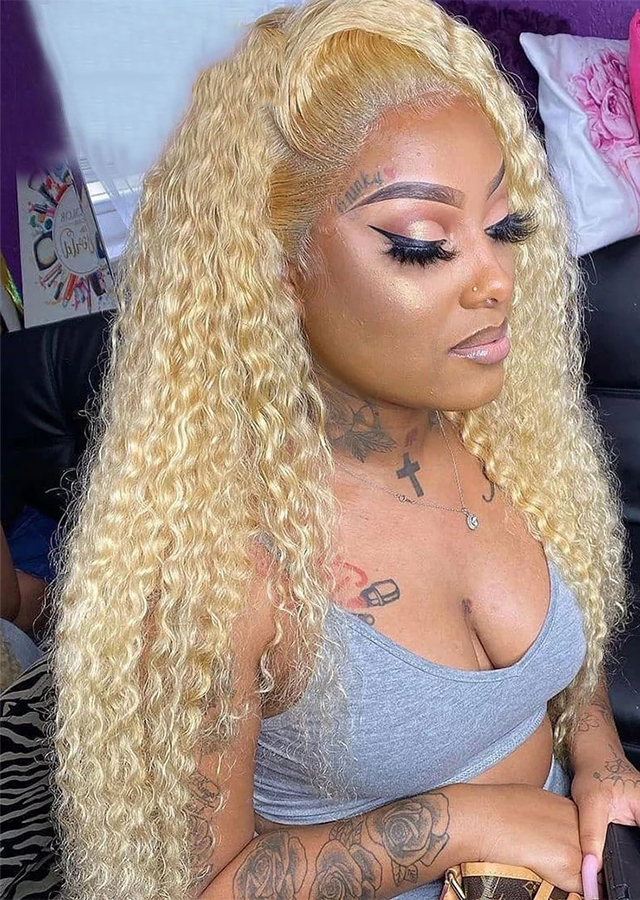 613 Blonde Human Hair Wig Pre Plucked Kinky Curly Full Lace Wig Glueless