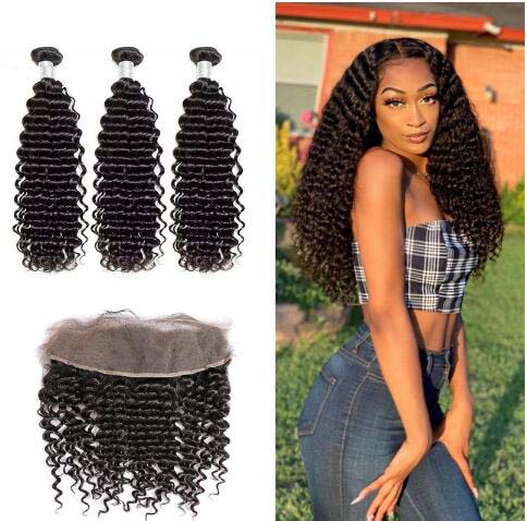 Hair Bundles With Lace Frontal 13x4 Brazilian Human Hair Deep Curly Hair Bundles with Lace Frontal