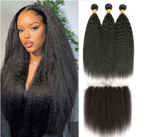 Kinky Straight Bundles With Frontal 13x4 Brazilian Remy Human Hair Bundles With Frontal