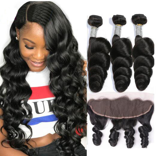 Loose Wave Human Hair Bundles With 13x4 Frontal Pre Plucked Brazilian Virgin Hair Lace Frontal With 3 Bundles