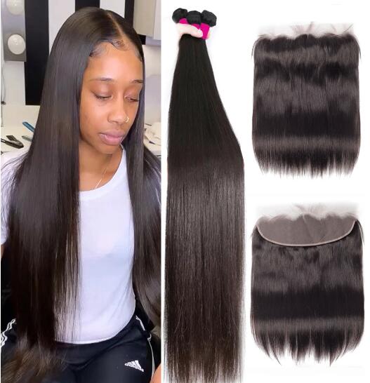 Malaysian Virgin Hair Bundles with Lace Frontal 13x4 Straight Hair Bundle 3pc with Lace Frontal