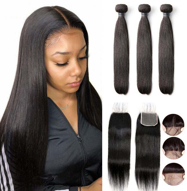 Straight Lace Closure With Human Hair 3 Bundles Brazilian Human Hair Weave Remy Extensions