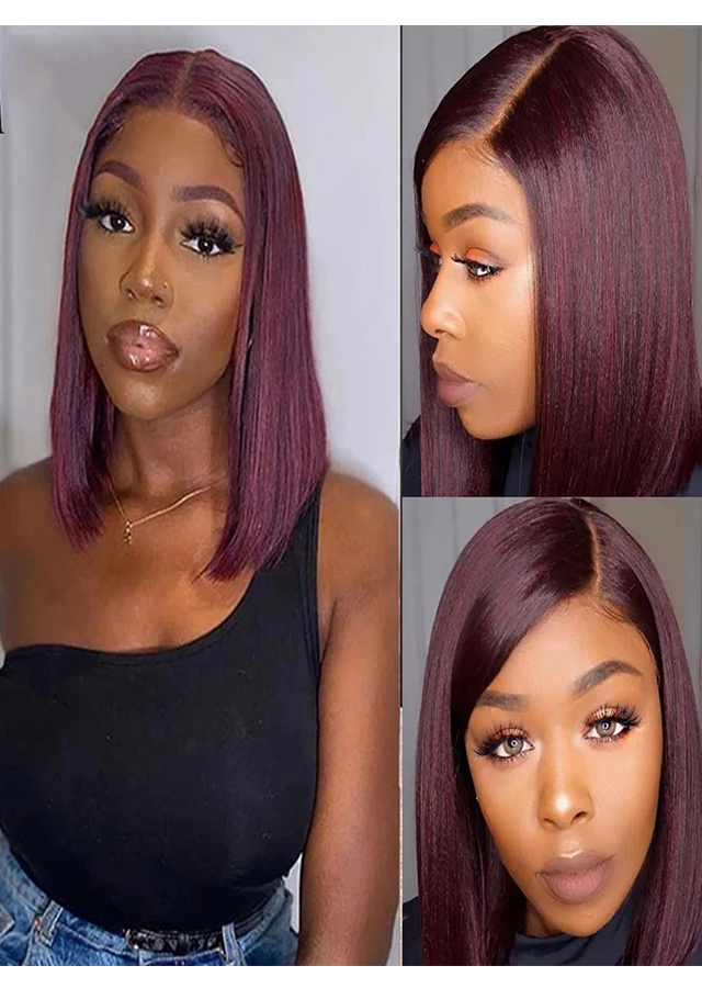 99J Colored Straight Bob 360 Lace Human Hair Wigs Red Burgundy Blunt Cut Glueless Wigs For Black Women