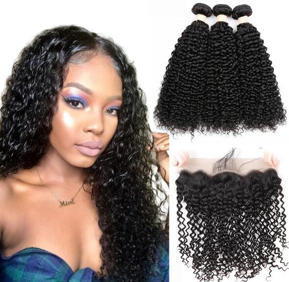 Kinky Curly Bundles With Lace Frontal Brazilian Remy Human Hair Bundles With 13X4 Frontal Kinky Curly