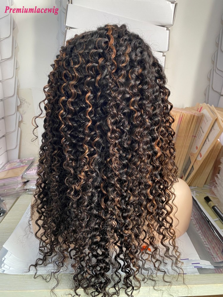 22inch Deep Curly 200 Density 1B with Highlight 30 360 Lace Front Wig