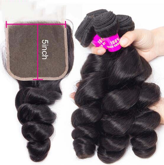 3pc Hair Bundles With Lace Closure 5X5 Brazilian Loose Wave Human Hair
