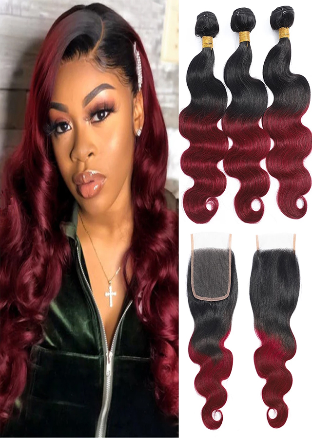 Body Wave Ombre Bundles With 4x4 Closure 1B/99J Two Tone Human Hair Weave Brazilian Burgundy