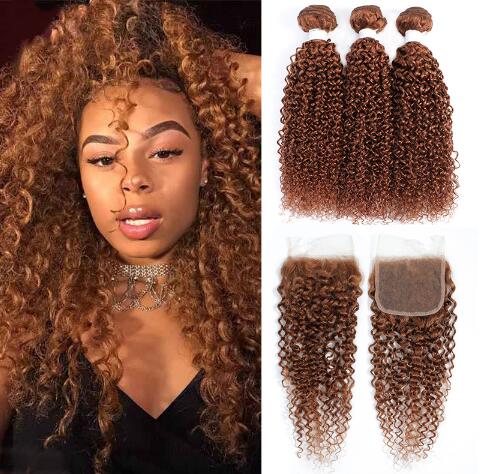 Brazilian Brown Kinky Curly Hair Bundles With Closure 4X4 Human Hair Weave Bundles With Closure Remy Hair Extension