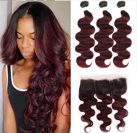 Colored Body Wave Hair Bundles With Lace Frontal 13x4 Malaysian Human Hair Weaves with Frontal 1B/99J