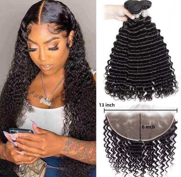 Deep Wave Bundles with 13x6 Lace Frontal Indian Virgin Hair 3pc Hair Bundles