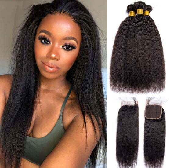 Kinky Straight Hair Bundles With Lace Closure Mongolian Virgin Hair Bundles With 4x4 Closure Yaki