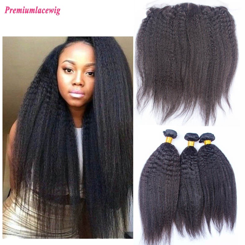 Kinky Straight Hair Bundles With Lace Frontal 13X6 Brazilian Human Hair Weaves with Frontal Closure