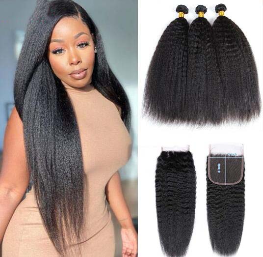 Malaysian Human Hair Bundles with Lace Closure 5x5 Kinky Straight Hair Bundles