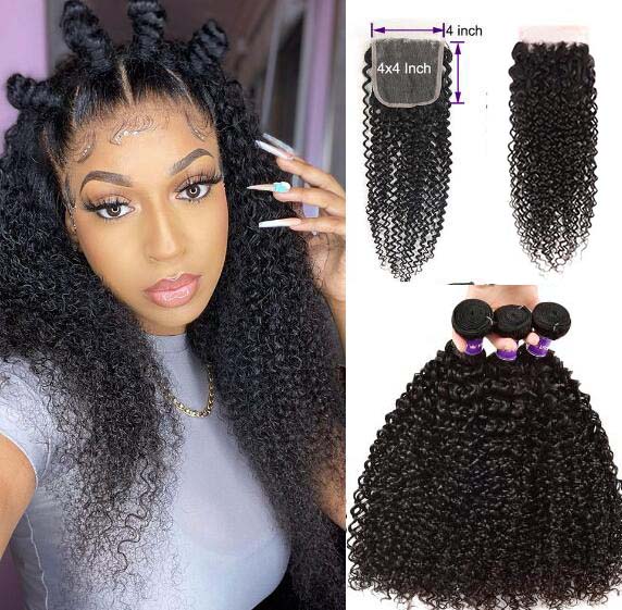 Mongolian Afro Kinky Curly Bundles With Closure Curly Human Hair 3 Bundles With Closure
