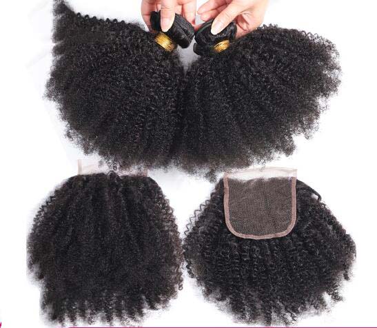 3pc Afro Kinky Curly Bundles With Closure 4x4 Lace Closure Brazilian Human Hair Free Part