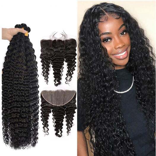 3pc Bundles With Lace Frontal Peruvian Virgin Hair Deep Wave Hair Bundles With Frontal