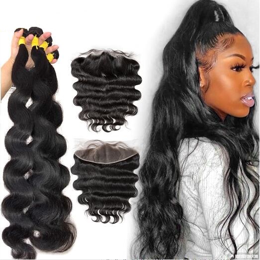 4pc Hair Bundles with Lace Frontal 13x4 Brazilian Body Wave Human Hair Bundles with Lace Frontal