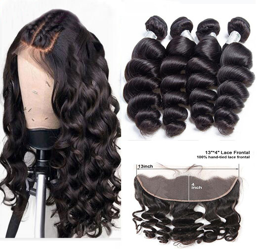 4pc Loose Wave Hair Bundles with Lace Frontal Peruvian Human Hair Bundles With Frontal 13X4