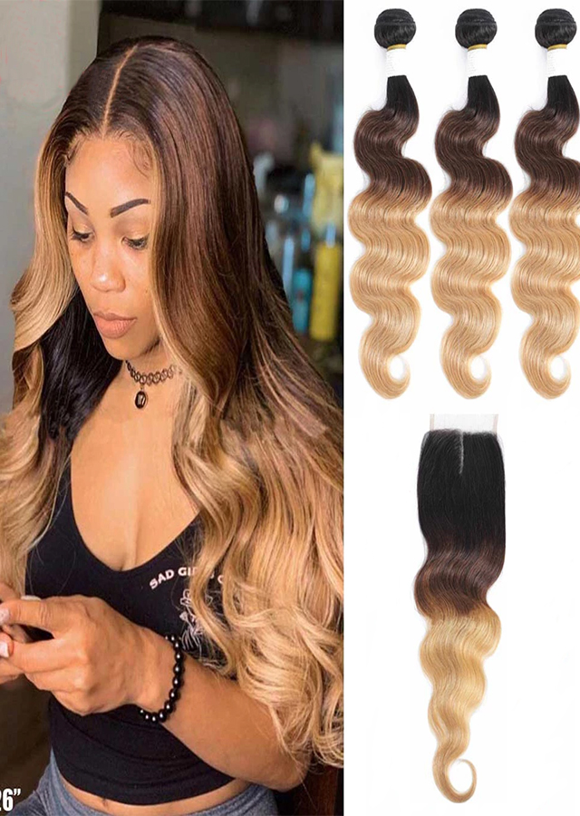 Brazilian Body Wave Hair Weave 3 Bundles With Closure Blonde 1B/4/27 Remy Ombre Human Hair