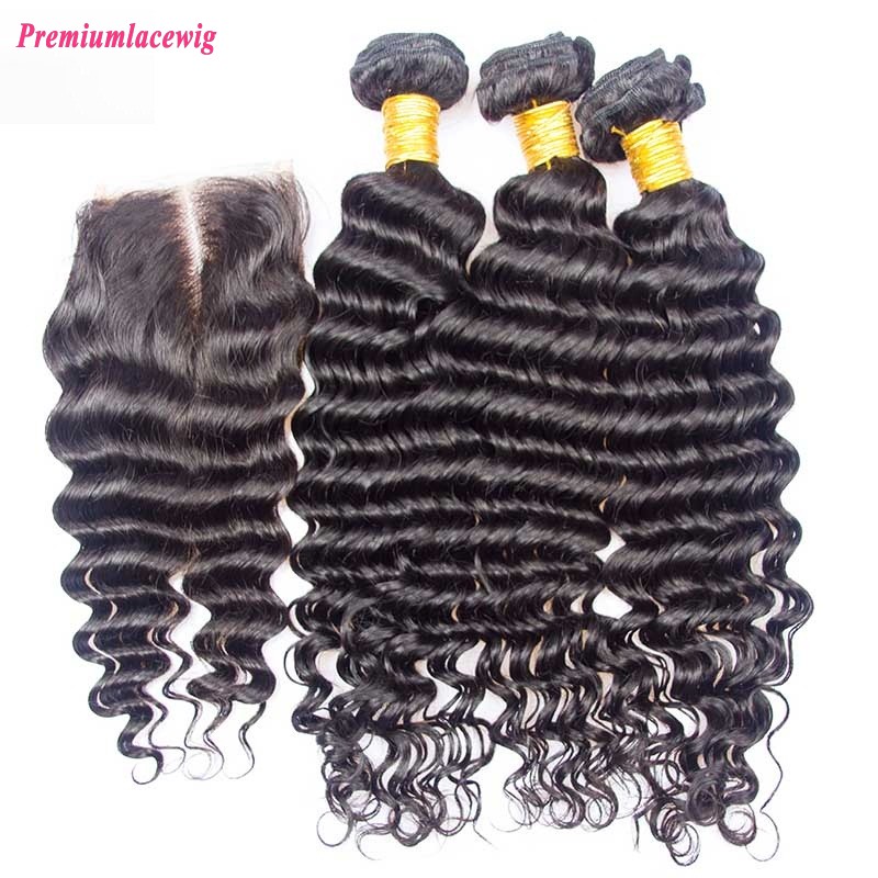 Brazilian Human Hair Bundles with Lace Closure 4x4 Deep Wave Hair Bundles with Closure