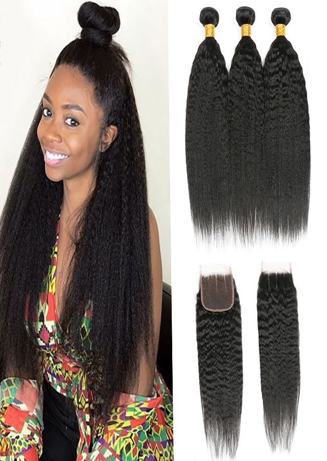 Brazilian Kinky Straight 3 Bundles With 4x4 Lace Closure Kinky Straight Bundles Human Hair Bundles With Closure