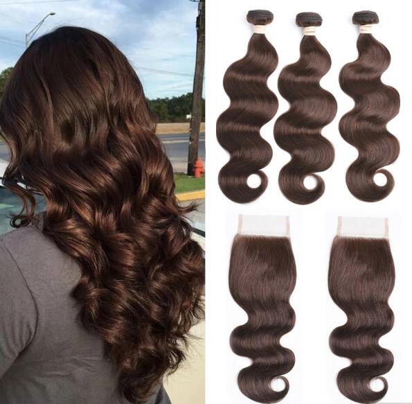 Brown Body Wave Bundles With Closure 4x4 Indian Virgin Hair Bundles With Lace Closure