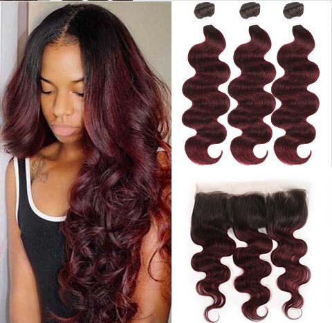 Ombre Color Hair Bundles Body Wave With Lace Frontal 13x4