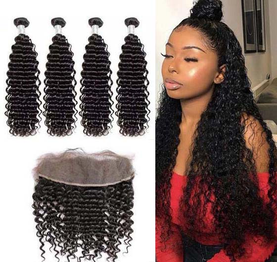 Deep Curly Human Hair Bundles With Lace Frontal 13x4 Brazilian Human Hair Bundles 4pc