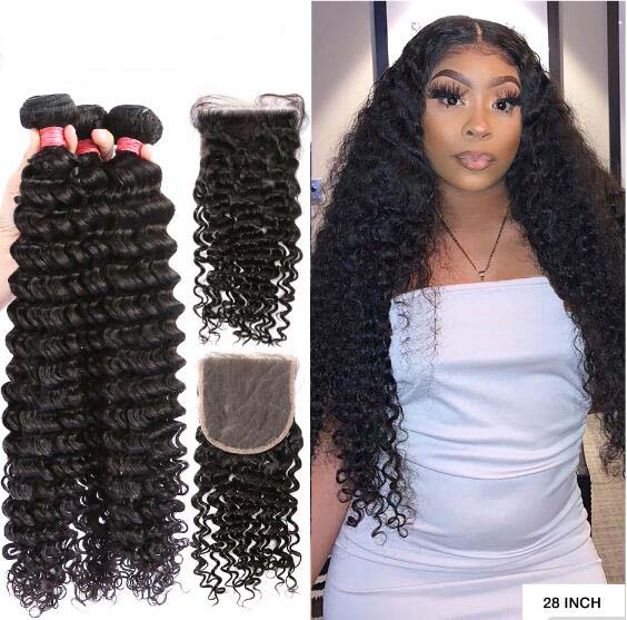 Deep Wave Hair Bundles with Lace Closure 5x5 Peruvian Human Hair Bundles With Closure 