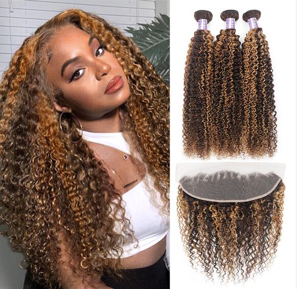 Highlight Curly Hair Bundles With Frontal Brazilian Remy Ombre Kinky Curly Bundles With Lace Frontal 13x4