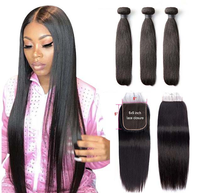 Malaysian Virgin Hair Bundles With Lace Closure Straight Human Hair Bundles with Closure 5X5